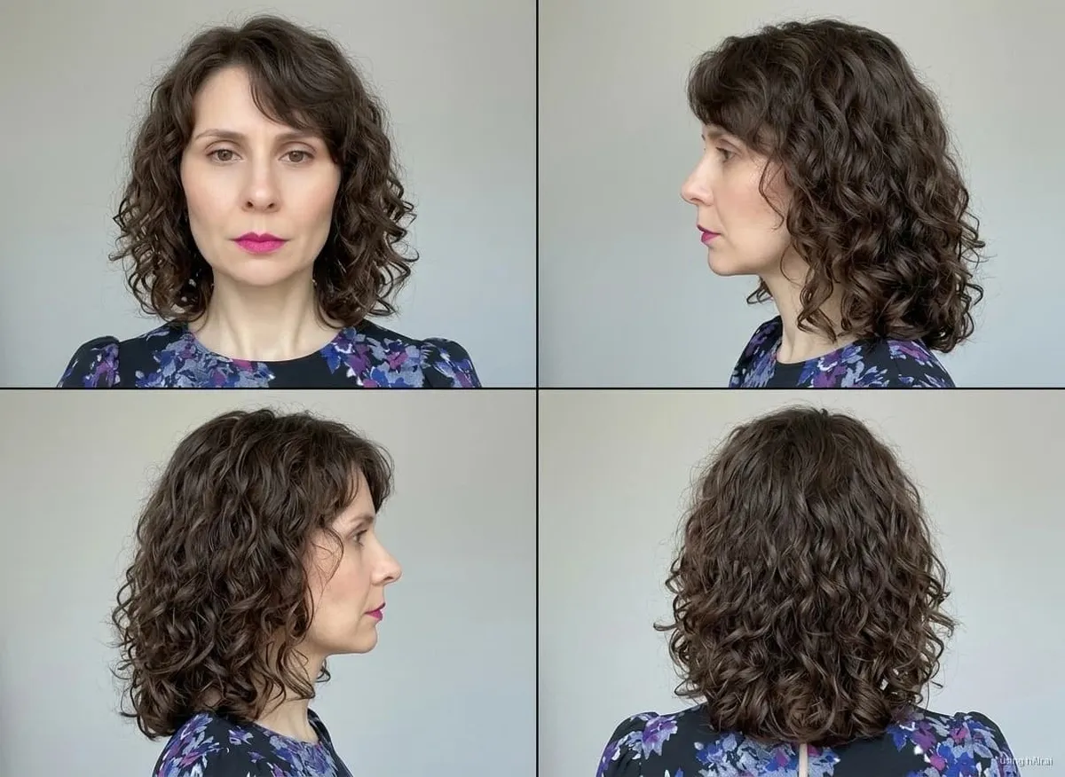 Shoulder-length curly lob with bangs, brunette, four angles
