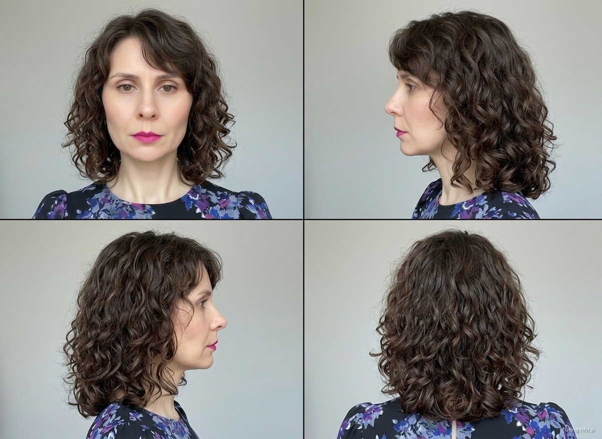 Shoulder-length curly lob with bangs, brunette, four angles