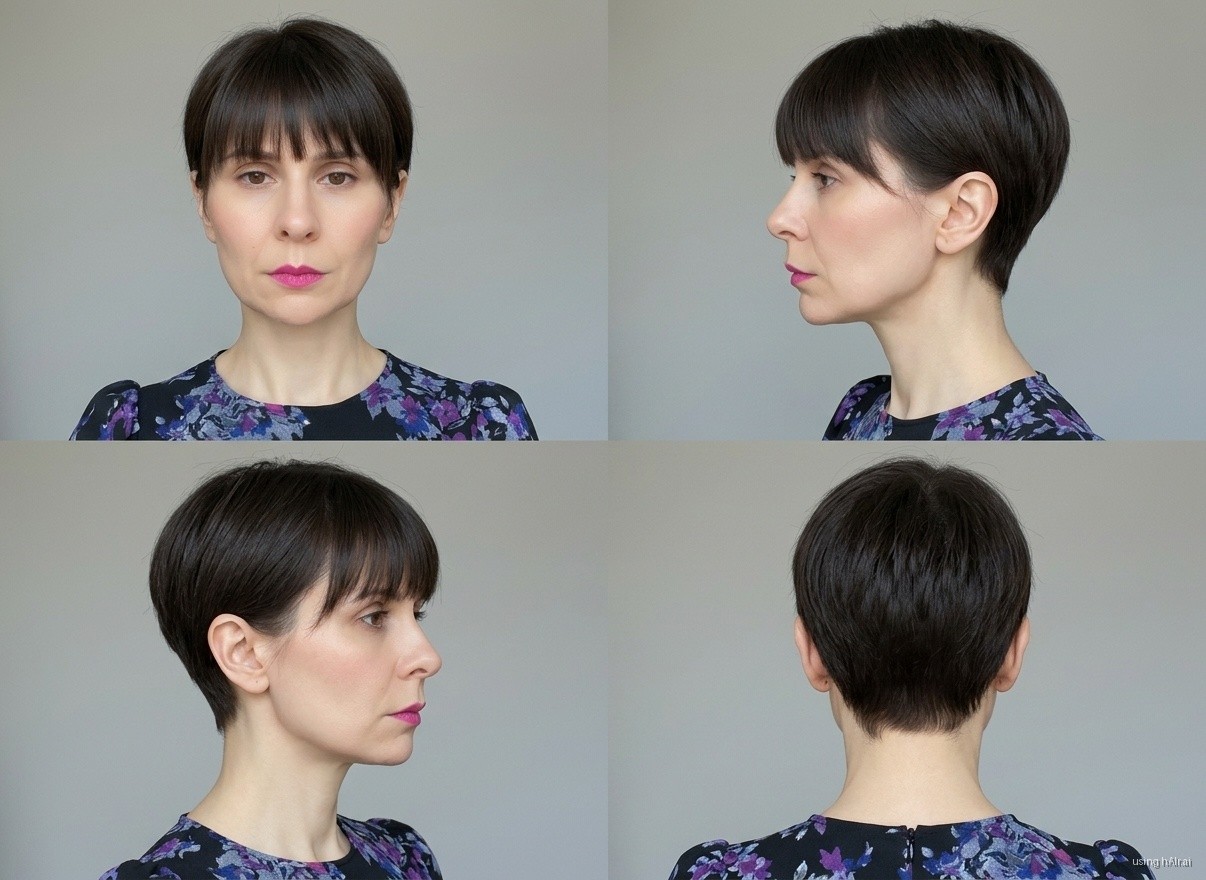 Cropped pixie with bangs, brunette, four angles