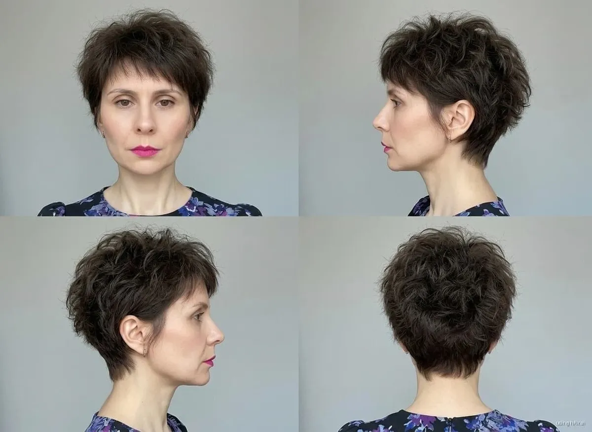 Textured tousled pixie, brunette, four angles