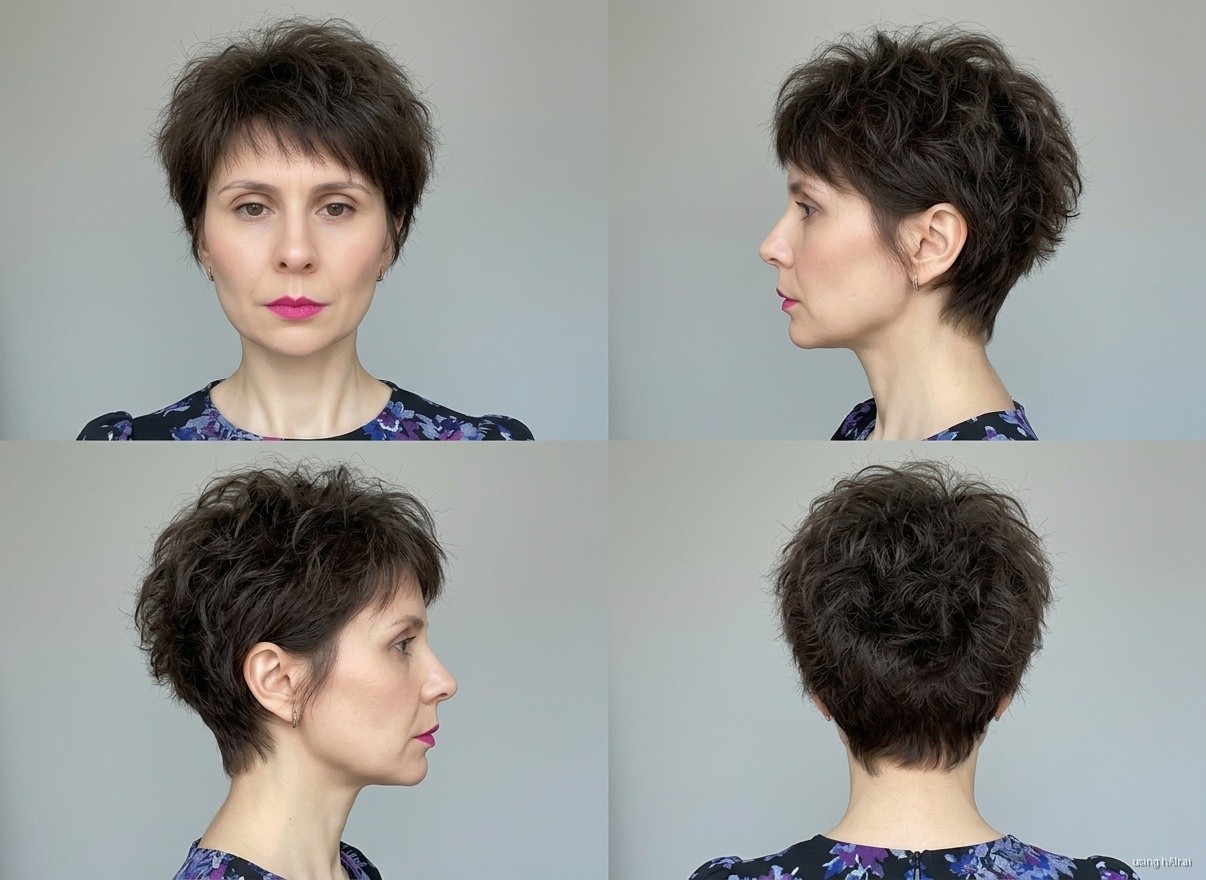 Textured tousled pixie, brunette, four angles