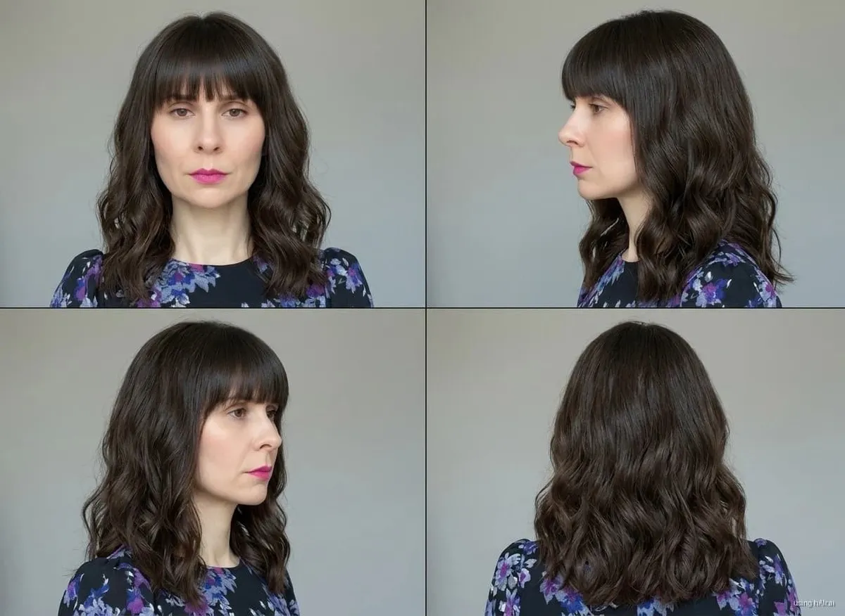 Long waves with thick bangs, brunette, four angles