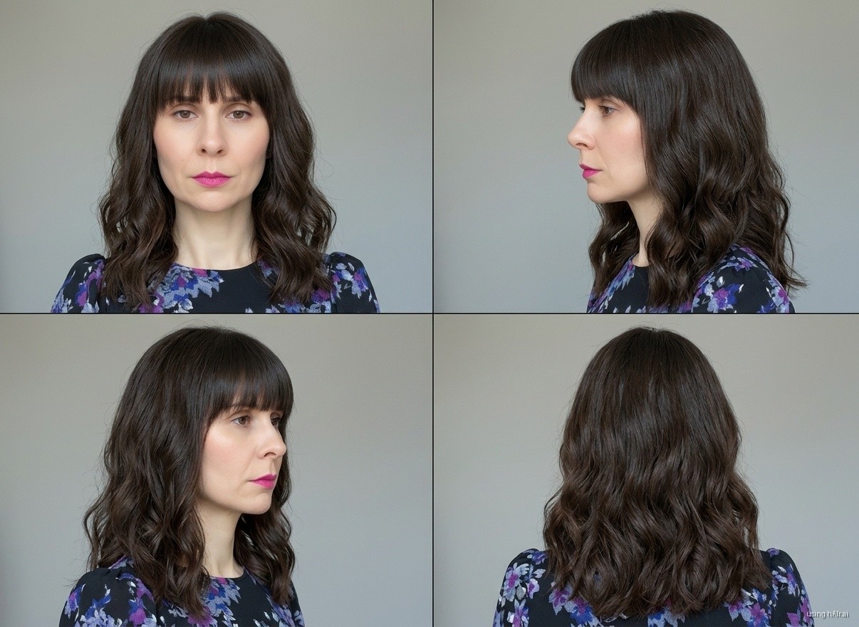 Long waves with thick bangs, brunette, four angles