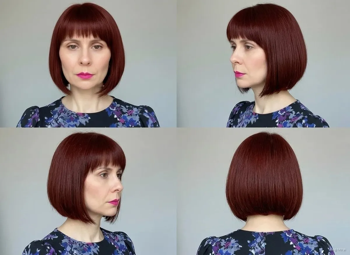Blunt bob with bangs, burgundy, four angles