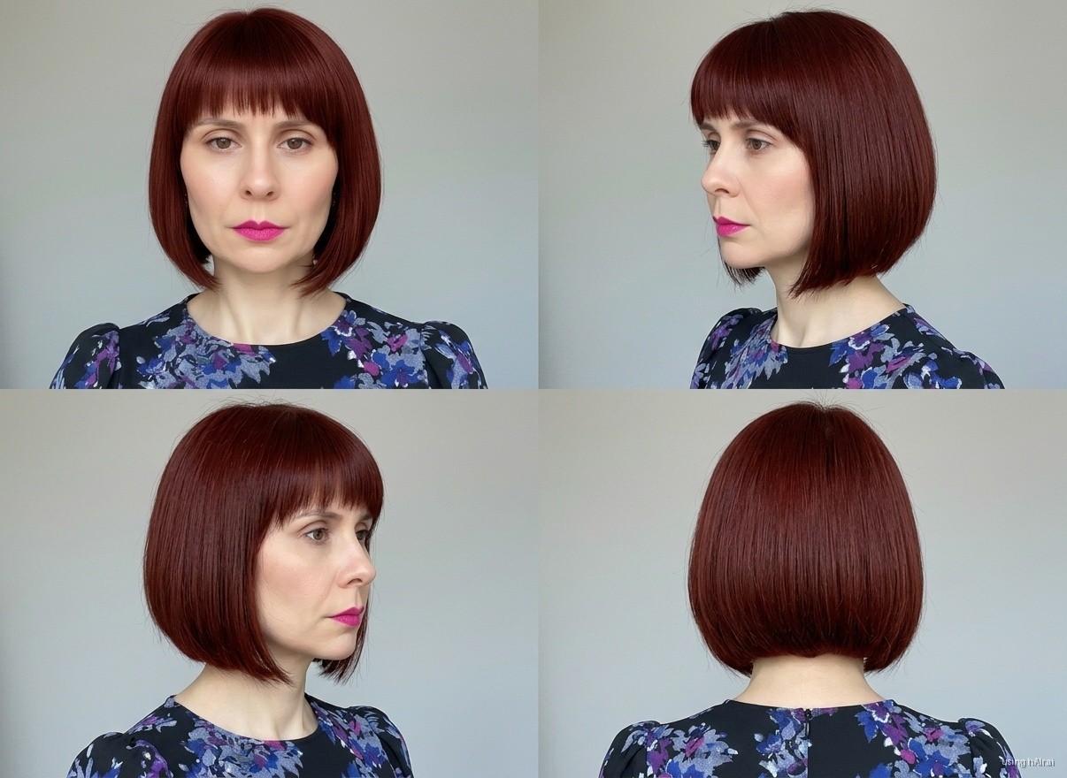 Blunt bob with bangs, burgundy, four angles