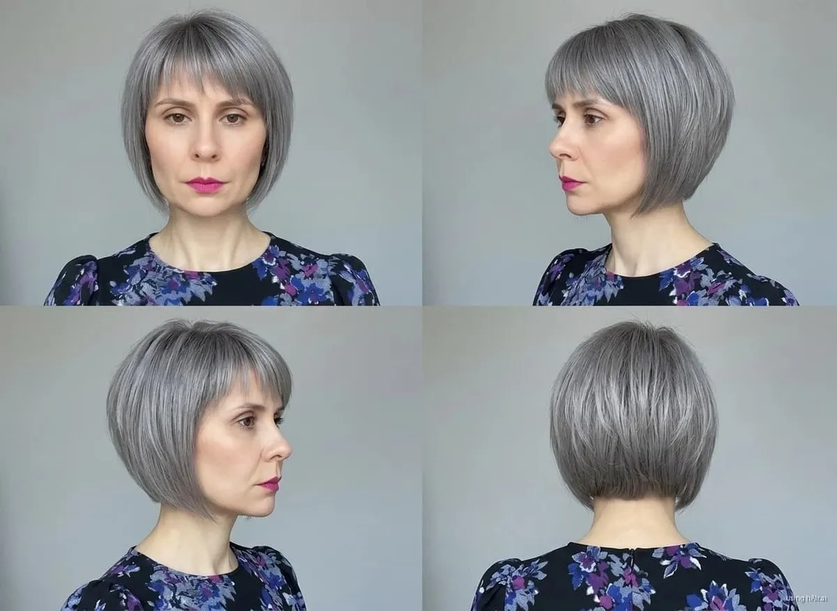 Graduated bob with bangs, silver grey, four angles