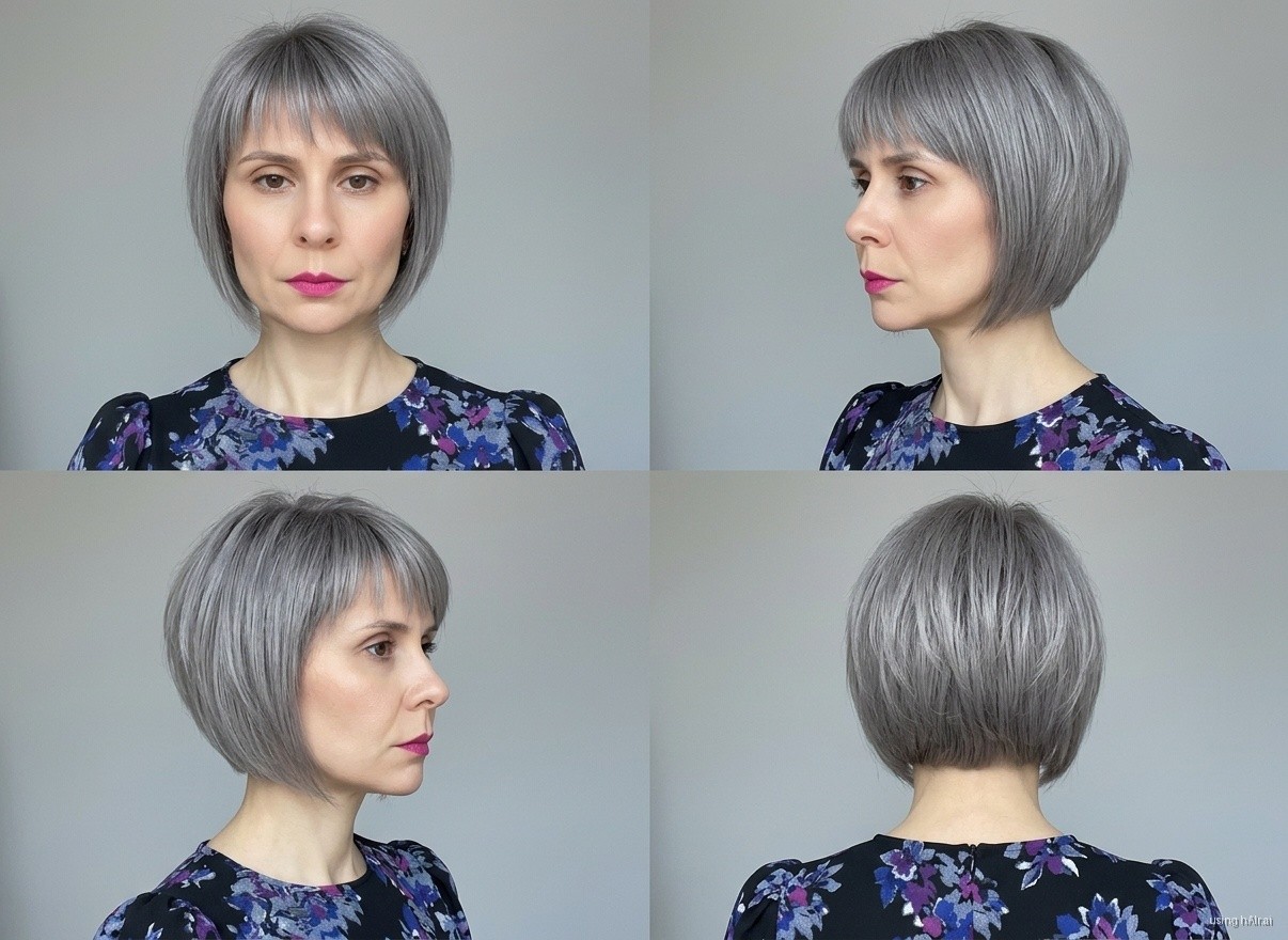 Graduated bob with bangs, silver grey, four angles