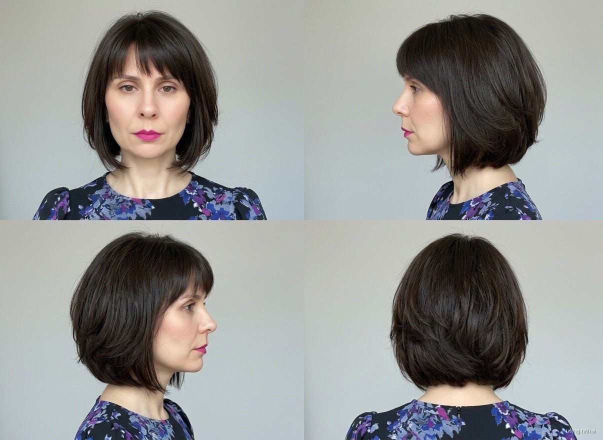 Layered jaw-length bob with fringe, brunette, four angles